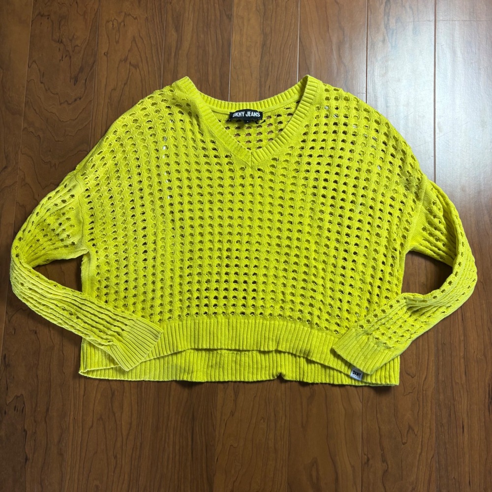 DKNY Jeans Neon Yellow Open Knit V-Neck Cotton Sweater Small